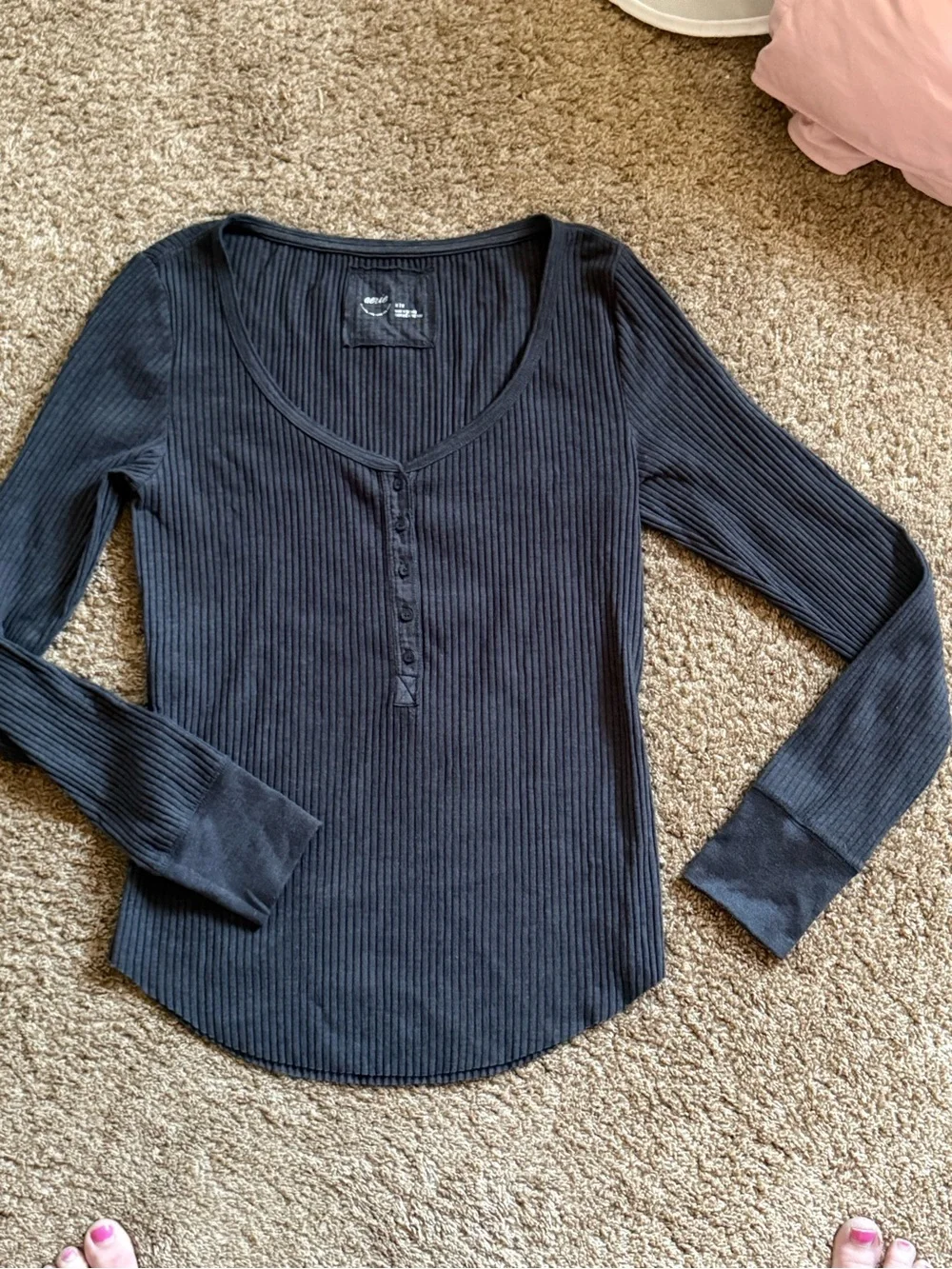 Aerie Ribbed Henley Long Sleeve Tee - Picture 2 of 4